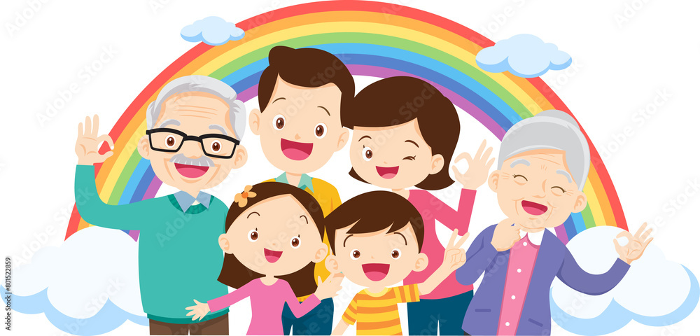 Happy big family standing with house ,rainbow