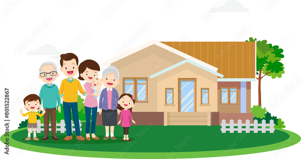 Happy big family standing with house ,rainbow Happy big family standing with house ,rainbow
