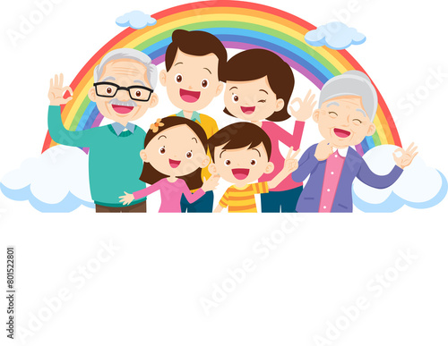 Happy big family standing with house  rainbow