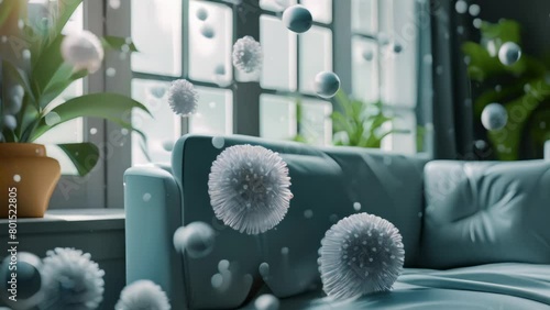 3D rendering of coronaviruses in a modern living room environment. photo