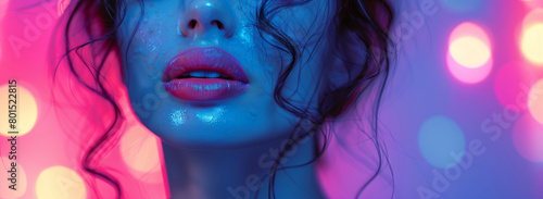 Portrait of a young woman against a pink and blue neon light, creating a surreal and moody atmosphere