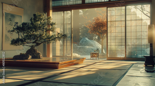 A Japanese-inspired tea room with tatami mats, sliding paper doors, and a bonsai tree.