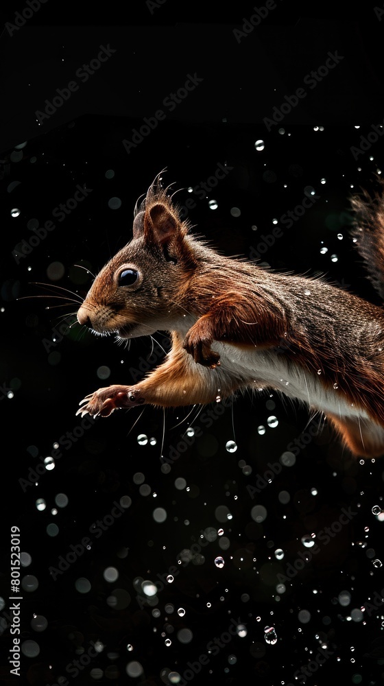 Flight Through Raindrops: Squirrel in Motion
