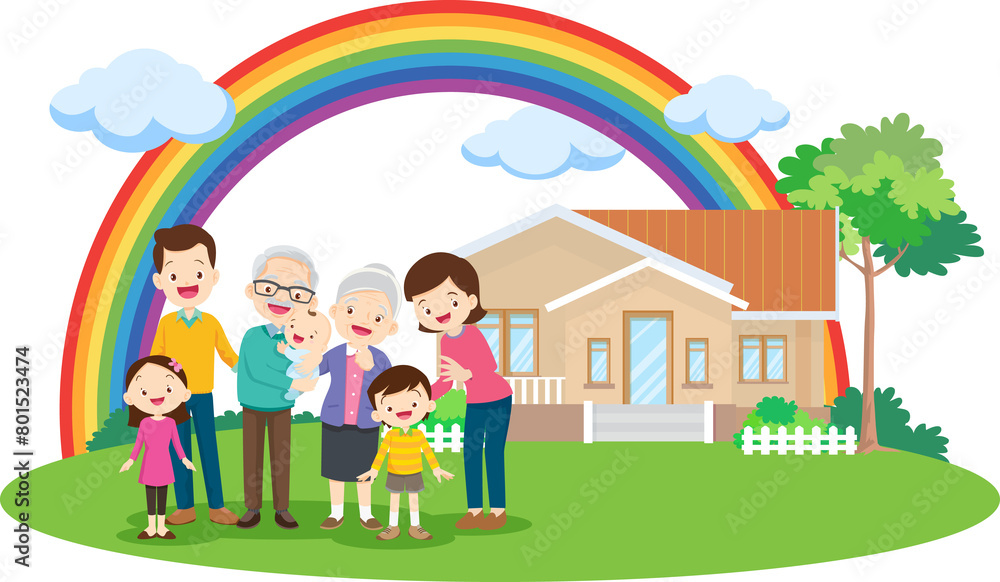 Happy big family standing with house ,rainbow