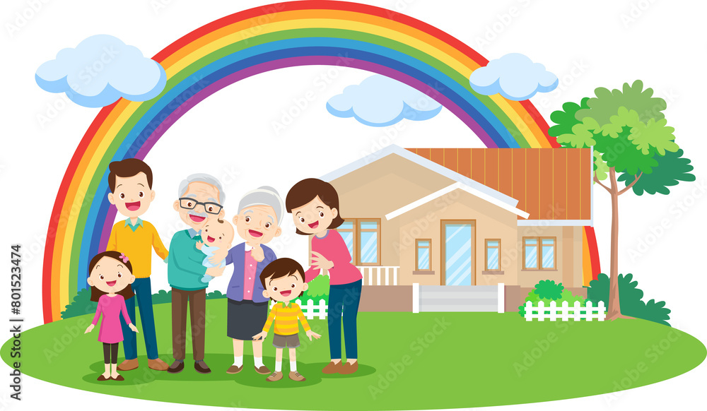 Happy big family standing with house ,rainbow Happy big family standing with house ,rainbow