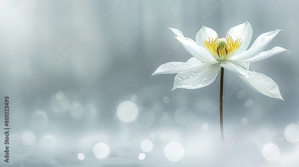A white bloom with a yellow core at photo's heart, set against a gray-white backdrop, softly blurred behind A white bloom with a yellow core at photo's heart, set against a gray-white backdrop, softly blurred behind