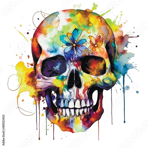 Ornamental scull. Watercolor hand drawn patterned scull with flowers, spots, splatters and floral dirty ornaments. Colorful scull pattern in graffiti art style. Isolated design on white background photo