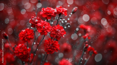   Red flowers dot a lush  green grassfield  each bloom glistening with raindrops on a sunlit day