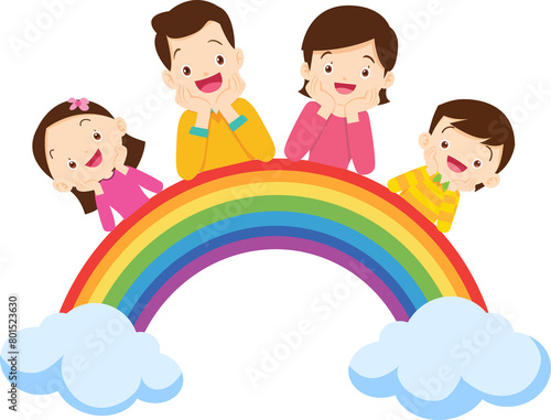 Happy big family standing with house ,rainbow