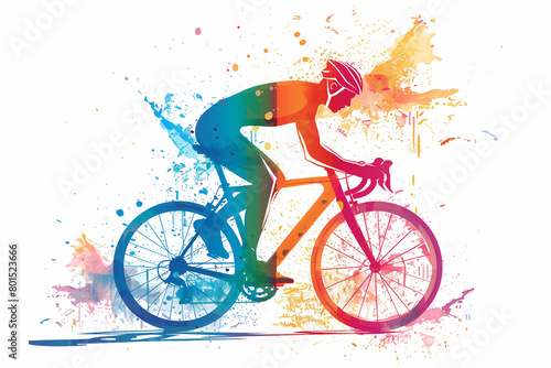 A male cyclist road racer, ebike rider or mountain biker shown in a colourful contemporary athletic abstract design for a poster or flyer, stock illustration image