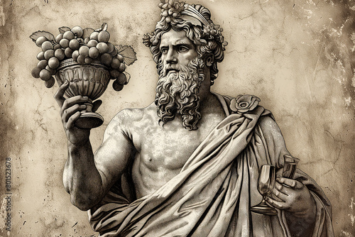 Engraved portrait of Bacchus the Roman god of wine who's father was Jupiter, the Greek equivalent is Dionysus, computer, black and white monochrome stock illustration image photo