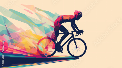 A male cyclist road racer, ebike rider or mountain biker shown in a colourful contemporary athletic abstract design for a poster or flyer, stock illustration image