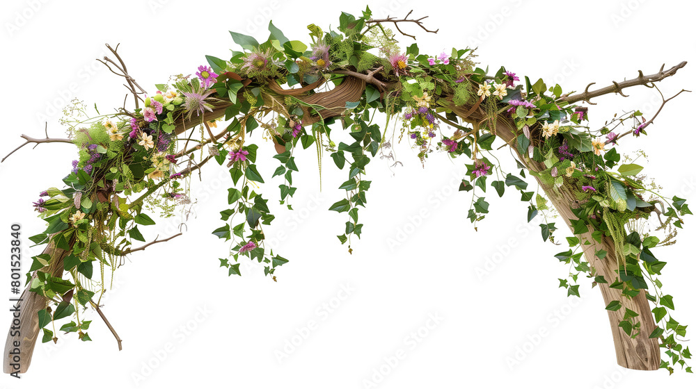 Hanging creepers and wildflowers on a rustic archway, isolated on transparent background Hanging creepers and wildflowers on a rustic archway, isolated on transparent background