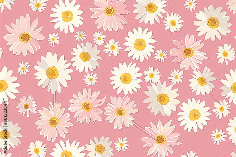 pink background with white and yellow daisies pattern, cute retro pink wallpaper