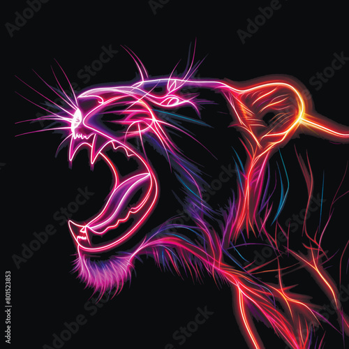 Neon illuminated glowing bright lines roaring tiger lion jaguar panther predator silhouette. Drawing glow line art wildcat with illumination effect. Modern isolated design. Shiny colorful texture