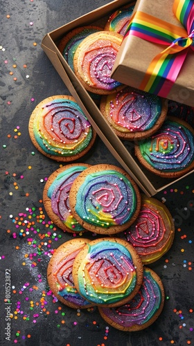cookies in rainbow colors and gift box on table background