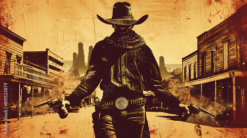 American cowboy outlaw gunslinger in the Wild West frontier of Texas with a revolver gun in the style of a vintage distressed painting retro poster, stock illustration image photo