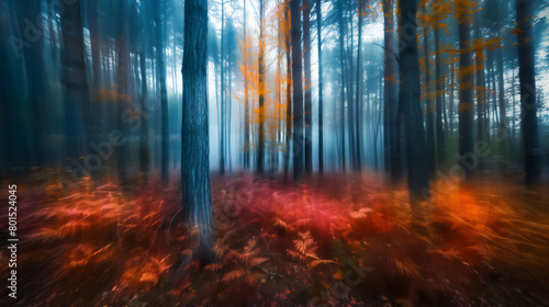 Icm forest trees showing the concept of an artistic impressionist blurred motion spring woodland background, stock illustration image photo