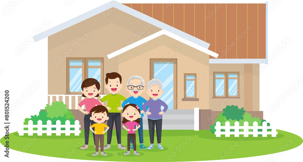 Happy big family standing with house ,rainbow Happy big family standing with house ,rainbow