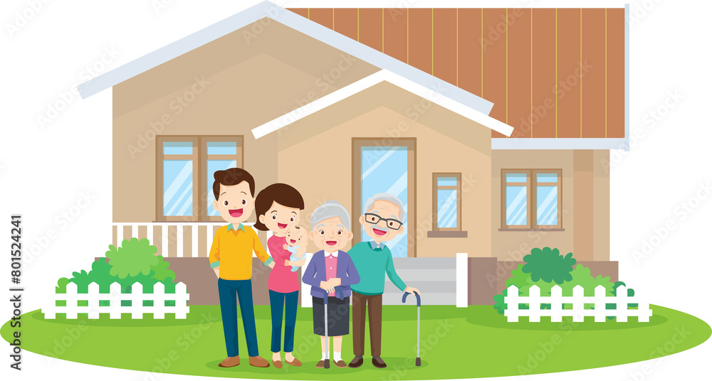 Happy big family standing with house ,rainbow Happy big family standing with house ,rainbow