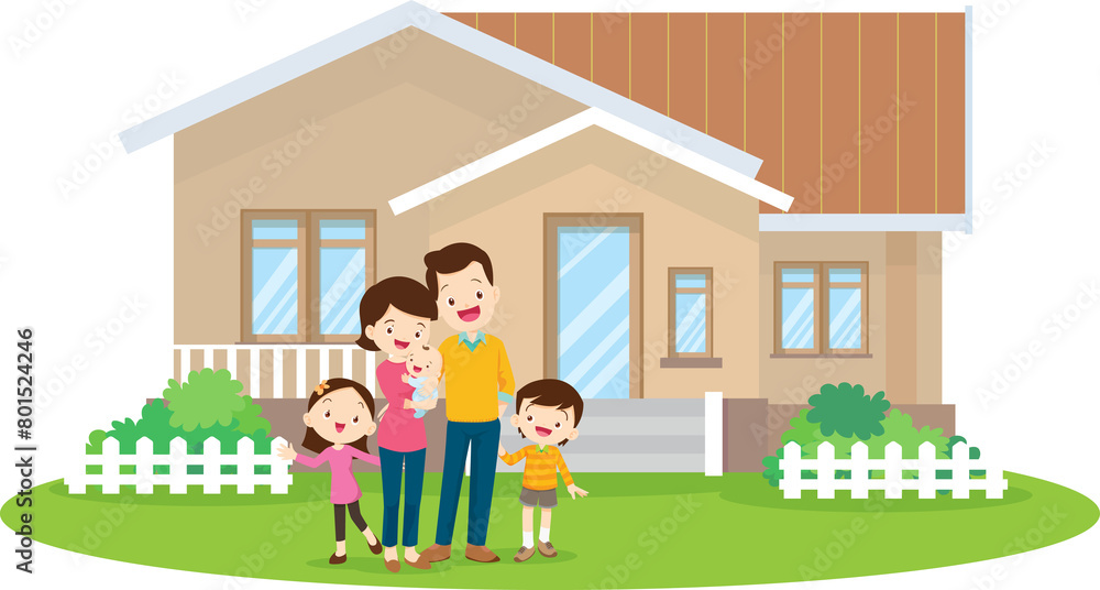 Happy big family standing with house ,rainbow Happy big family standing with house ,rainbow