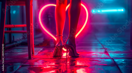 Fashionable High Heels Near a Neon Heart Illumination

