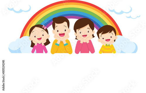 Happy big family standing with house ,rainbow