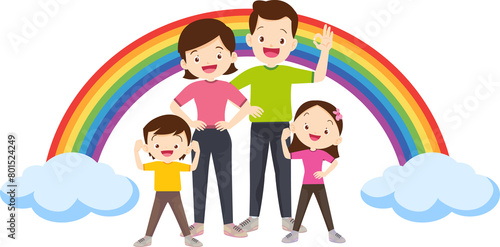 Happy big family standing with house ,rainbow