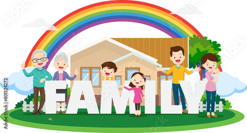 Happy big family standing with house ,rainbow