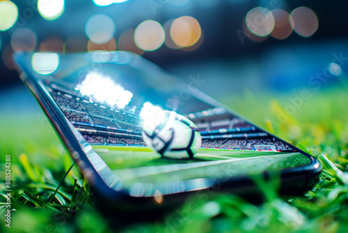 Smartphone with football ball on grass, streaming live soccer match online with 5G technology