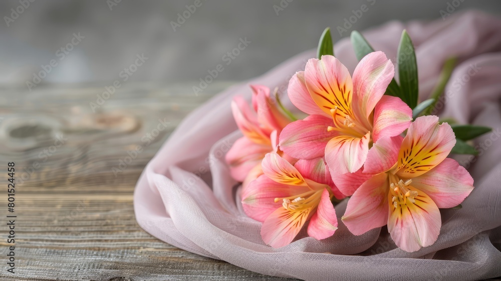 A pink cloth covers one wooden table, while another holds a bouquet of pink flowers A pink cloth covers one wooden table, while another holds a bouquet of pink flowers