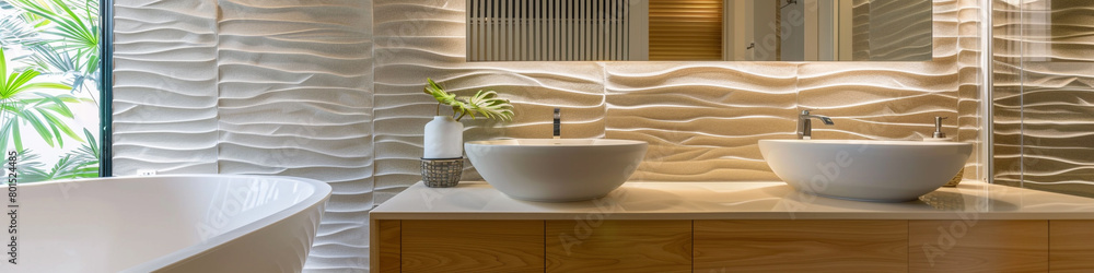 A modern bathroom with textured tiles and sleek, minimalist fixtures, offering copy space for a spa-like retreat.