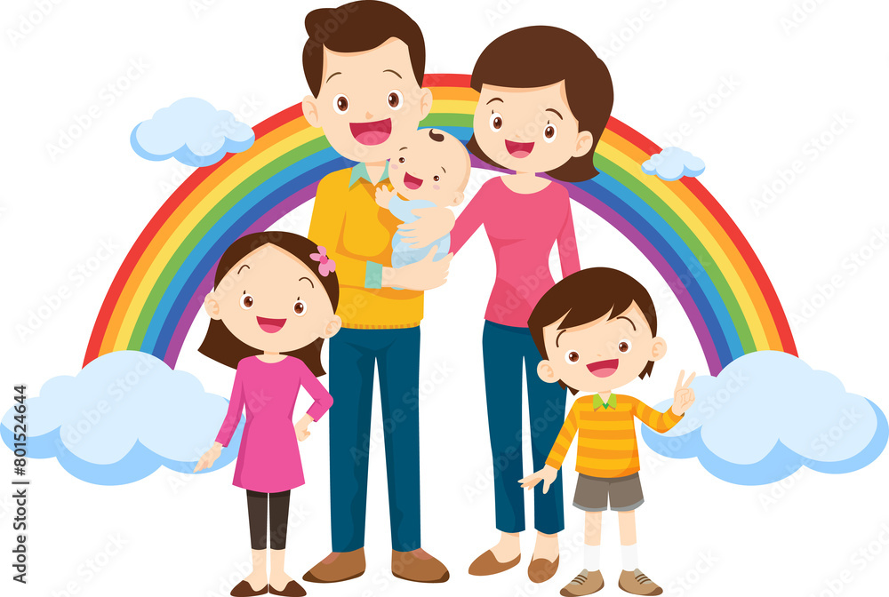 Happy big family standing with house ,rainbow Happy big family standing with house ,rainbow