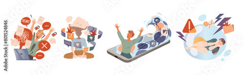 Information Stress with People Character Overload with Propaganda and Internet Social Media Fake News Vector Set