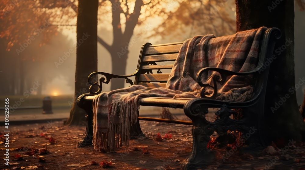 Autumn park bench with a blanket and a burning fire in the background