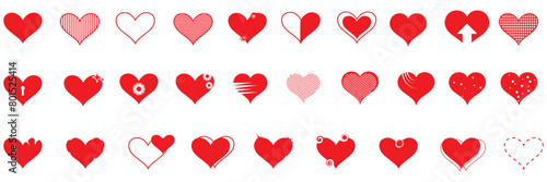 Hearts. Vector stilyzed red hearts set, isolated on white background. Symbols, signs flat icons. Love, valentine icon collection. Red heart symbol.