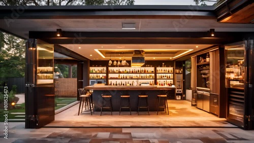 Modern outdoor home bar with illuminated shelves and seating area at night. photo