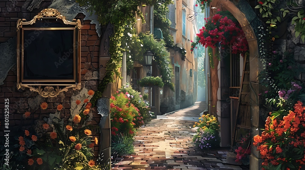 A quaint European alleyway, adorned with colorful blooms, as an empty frame hangs on weathered brick, inviting imagination