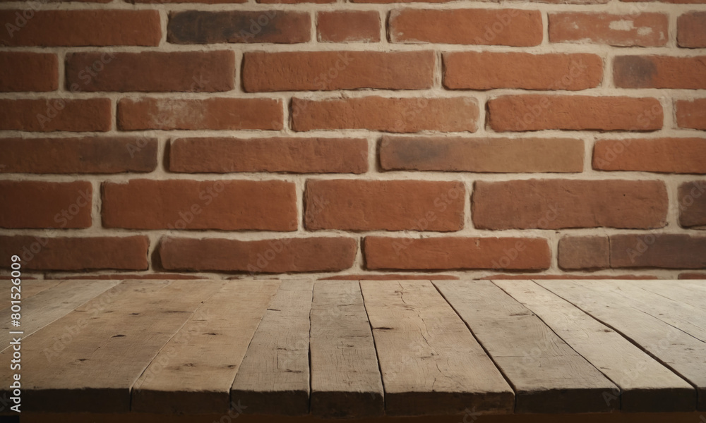 Empty rustic wooden tabletop in brick textured wall for product placement or montage. Grunge atmosphere background for product presentation backdrop, display, mock-up with space for text.