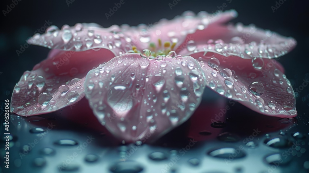 A pink flower with dewdrops on its petals against a black backdrop speckled with white dots A pink flower with dewdrops on its petals against a black backdrop speckled with white dots