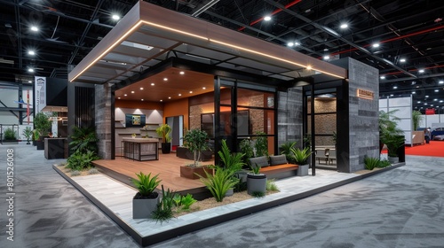 photo of a trade show booth designed to showcase products or services. Spacious trade show booth with modern design elements. Contemporary Trade Show Booth Design photo