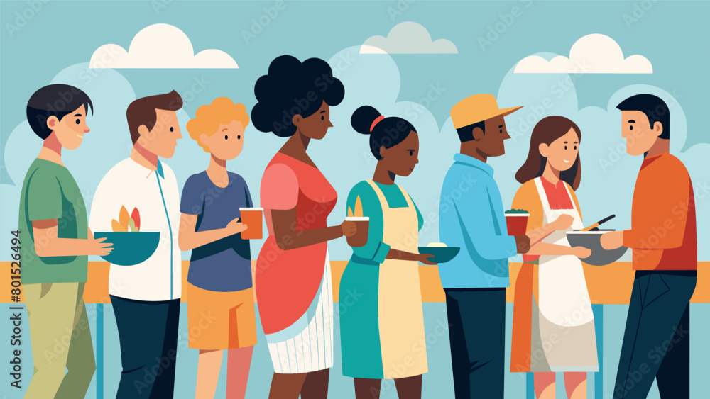 Obraz premium A diverse group of people eagerly waiting in line to try the different barbecue dishes at the Juneteenth cookoff coming together to celebrate freedom. Vector illustration