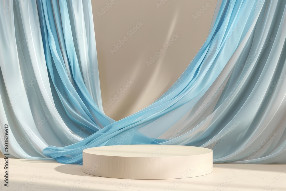 3D display podium, with blue color cloth curtain.