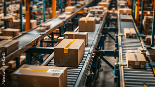 A busy distribution center with conveyor belts transporting packages for shipping photo
