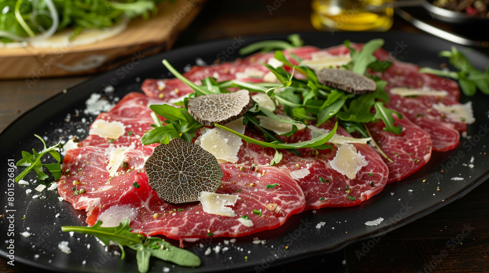 Carpaccio of Beef with Arugula, Parmesan, and Truffle Slices Carpaccio of Beef with Arugula, Parmesan, and Truffle Slices