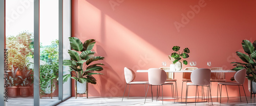 A minimalist dining area with a striking, coral pink feature wall and sleek, modern furniture, creating a vibrant yet elegant space for gatherings and dining.