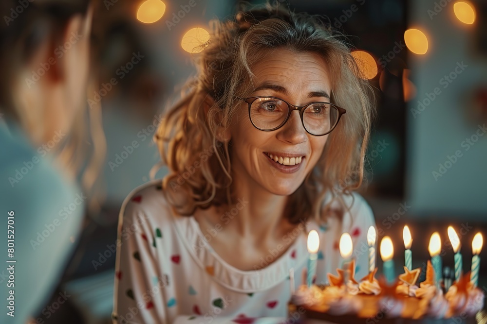 A Radiant Mature Woman Celebrating Her Daughter’s Birthday with a Beautifully Decorated Cake at Home A Radiant Mature Woman Celebrating Her Daughter’s Birthday with a Beautifully Decorated Cake at Home