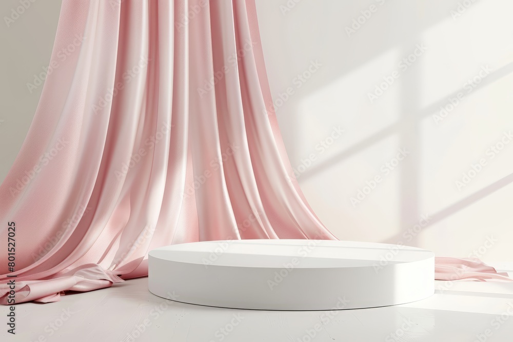 3D display podium, white background with pedestal and light rose color cloth curtain. 3D display podium, white background with pedestal and light rose color cloth curtain.