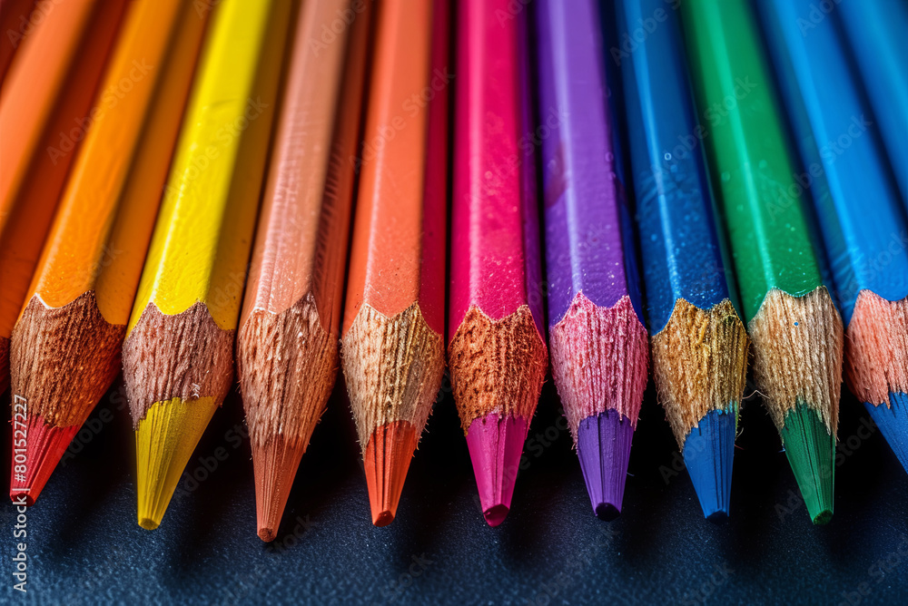 Row of colored pencil. The pencils are arranged in a rainbow pattern Row of colored pencil. The pencils are arranged in a rainbow pattern