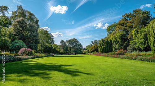 beautiful park with robust trees with a beautiful blue sky with clouds and a green meadow in high resolution and quality